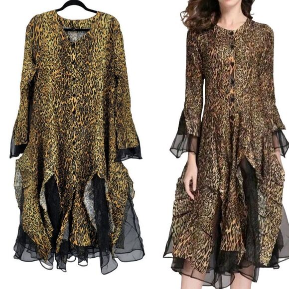 Jerry T Crinkle Stretch Handkerchief Midi Dress 2X Gold Black Leopard Witchy - Picture 2 of 13